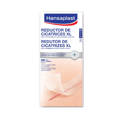 Embalagem do redutor de cicatrizes Hansaplast XL branca e azul