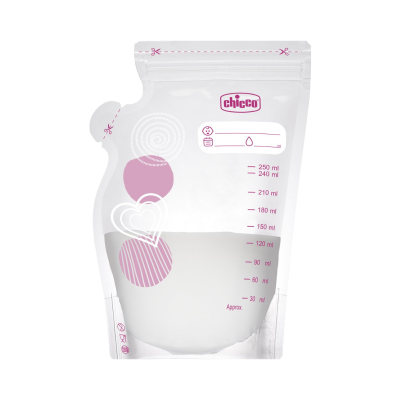 Saco plástico transparente para armazenamento com marca Chicco e medidas em ml