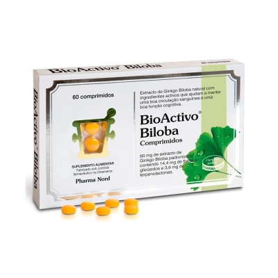 Embalação de BioActivo Biloba com comprimidos amarelos e imagem de folhas verdes.