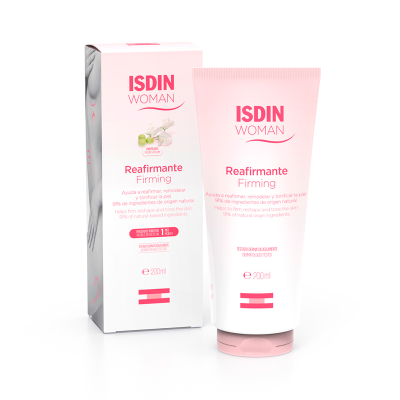 Creme ISDIN WOMAN Reafirmante Firming de 200 ml com caixa correspondente, em tons rosa e branco.