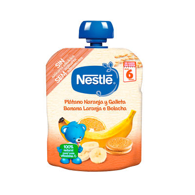 Papa para bebé Nestlé sabor banana, laranja e bolacha em embalagem flexível laranja e bege com tampa azul