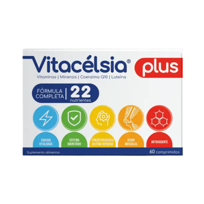 Embalagem de suplemento alimentar Vitacélsia plus com 22 nutrientes e 60 comprimidos