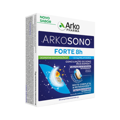 Embalagem de suplementos ARKOSONO FORTE 8h da Arko Pharma com ilustração de lua e cápsula, 30 comprimidos bicamada