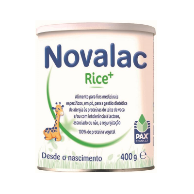 Lata de fórmula infantil Novalac Rice+, 400g, com girafa e texto explicativo