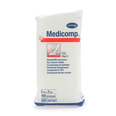 Embalagem de compressas Medicomp Hartmann, 100 unidades, 5x5 cm, material não tecido