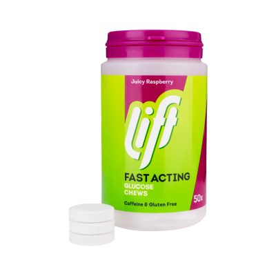 Frasco plástico com rótulo colorido e pastilhas brancas empilhadas ao lado