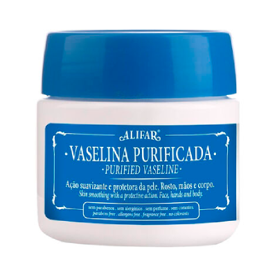 Frasco branco de plástico com tampa azul de Vaselina Purificada Alifar