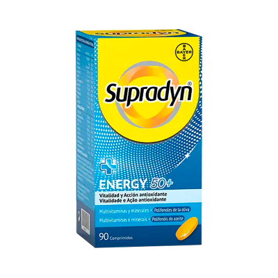 Pacote Supradyn Energy 50+ azul e amarelo com 90 comprimidos.