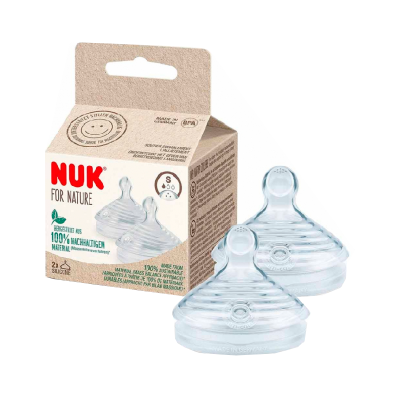 Conjunto de duas tetinas de silicone transparentes com embalagem de cartão da marca NUK FOR NATURE