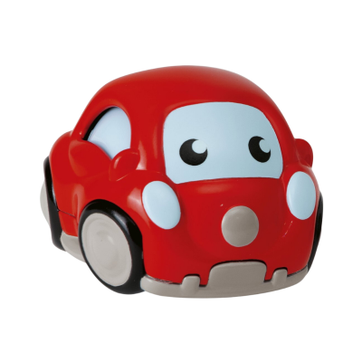 Carro de brinquedo vermelho com olhos desenhados
