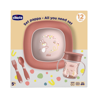 Conjunto infantil Chicco rosa com prato, prato fundo, garrafa, colher e garfo em embalagem