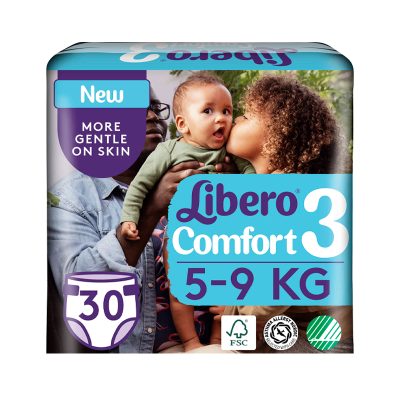 Pacote de fraldas Libero Comfort tamanho 3, 30 unidades, 5-9 kg com imagem de crianças e adultos