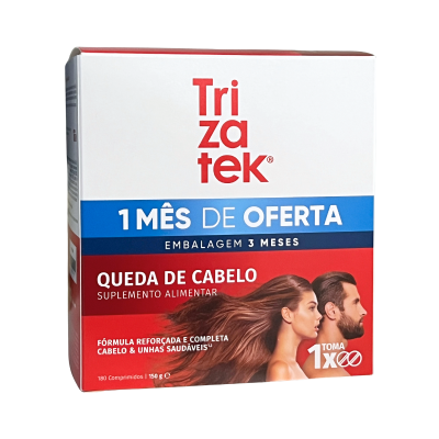 Embalagem do suplemento alimentar para queda de cabelo Trizatek em branco, azul e vermelho com texto em português