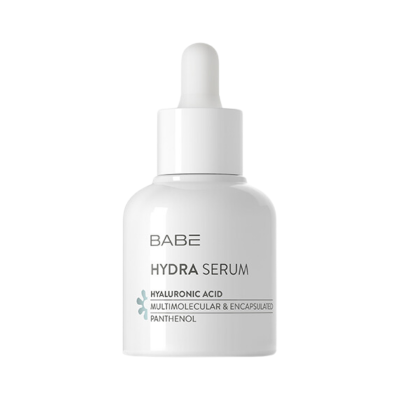 Frasco branco com conta-gotas do sérum Hydra da marca BABÉ