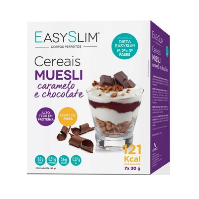 Embalagem de cereais muesli caramelo e chocolate da EasySlim com imagem de copo de cereais