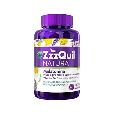Frasco roxo de suplemento ZzzQuil Natura com tampa e rótulo detalhado