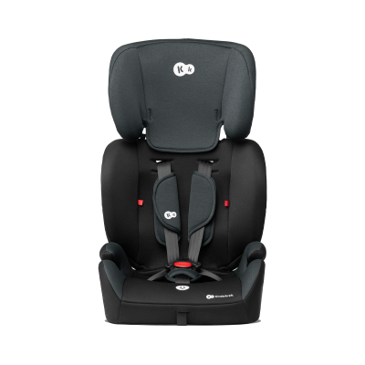 Cadeira auto infantil preta e cinzenta com arnês e logótipos Kinderkraft