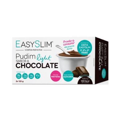 Embalagem de pudim light sabor chocolate EasySlim com texto e imagem do produto