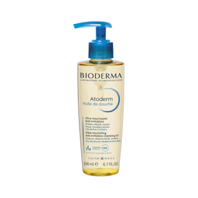 Frasco de óleo de limpeza Bioderma Atoderm com bomba doseadora azul