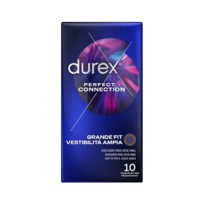 Caixa azul de preservativos Durex Perfect Connection Grande Fit com 10 preservativos