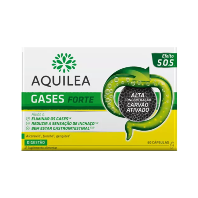 Embalagem de suplemento alimentar Aquilea Gases Forte com design branco, verde e amarelo.
