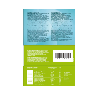 Embalagem de suplemento alimentar Magnorange Active com texto e tabela nutricional