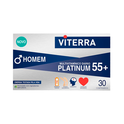 Embalagem de suplemento multivitamínico Viterra Platinum 55+ para homem
