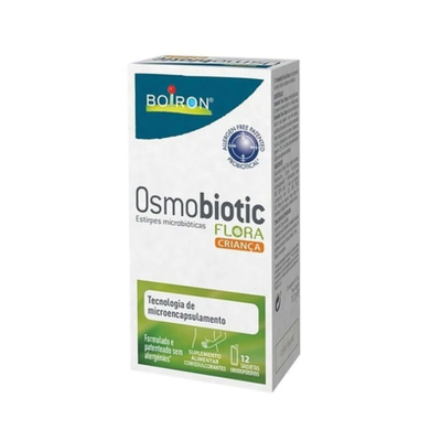 Embalagem branca de suplemento alimentar Boiron Osmobiotic Flora Criança com 12 sachês