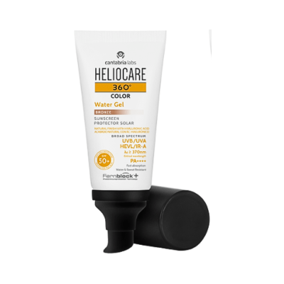 Protetor solar gel colorido HelioCare 360° SPF 50+ em frasco branco com tampa preta