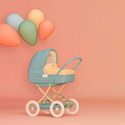 Carrinho de bebé vintage azul e amarelo com balões coloridos