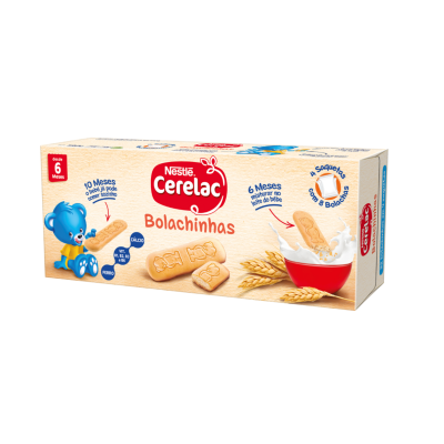 Embalagem creme de bolachas Nestlé Cerelac Bolachinhas com desenhos e texto em português
