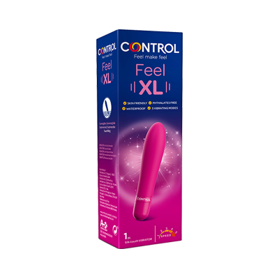 Embalagem de vibrador rosa Control Feel XL com texto e características