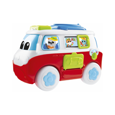 Carrinho de brinquedo infantil colorido com desenhos de animais nas janelas