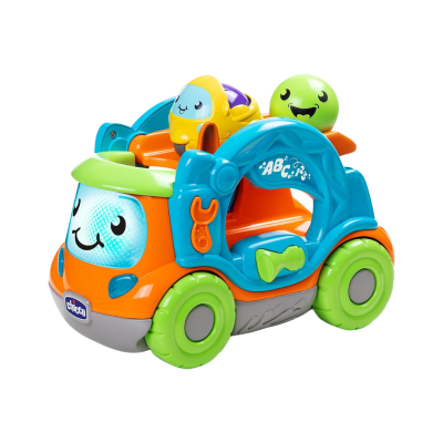 Brinquedo veiculo infantil colorido com rosto sorridente e acessórios coloridos.