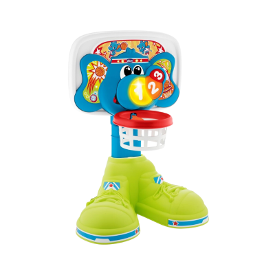 Mini aro de basquetebol infantil com formato de elefante azul e sapatos verdes