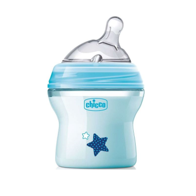 Biberão azul claro Chicco com tetina transparente e decoração de estrelas