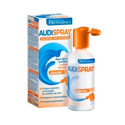 Frasco e caixa do spray para ouvido AUDISPRAY Junior 3-12 anos com cor laranja e azul