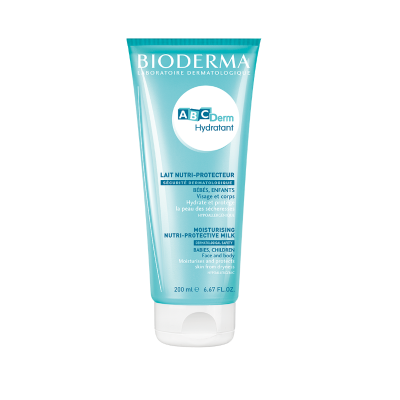 Tubo azul claro de creme Bioderma ABCDerm Hydratant 200 ml