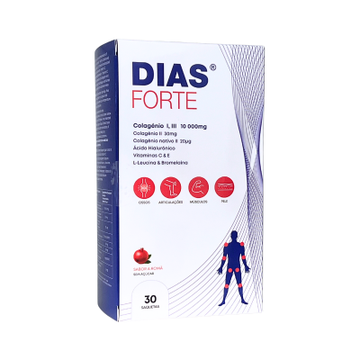 Embalagem de suplemento DIAS FORTE com detalhes em azul e vermelho