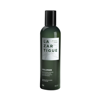 Frasco verde de champô Lazartigue Volumize para cabelo fino e liso
