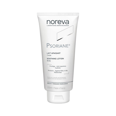 Frasco branco de loção corporal Noreva Psoriane 200 ml