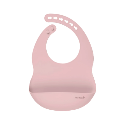 Babete rosa claro em silicone com bolso e fecho ajustável