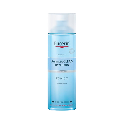 Frasco de tónico azul Eucerin Dermatoclean para pele sensível