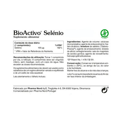 Etiqueta do suplemento alimentar BioActivo Selénio com informações nutricionais e selo sem glúten