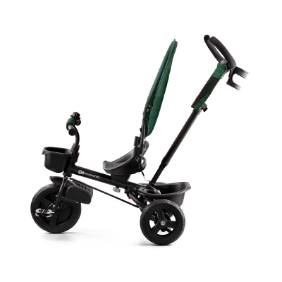 Triciclo infantil preto com assento verde e empurrador adulto