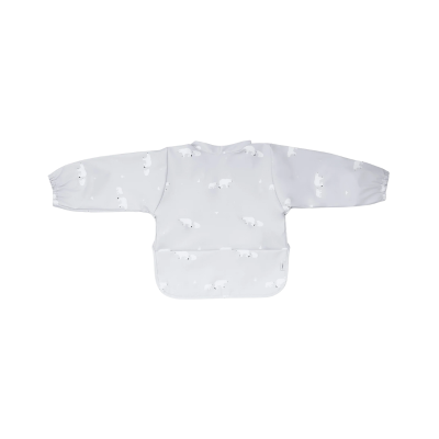 Babete com mangas cinza com estampado de ursos brancos e bolso frontal.