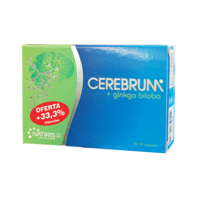 Embalagem azul e verde de suplemento CEREBRUM com selo oferta vermelho