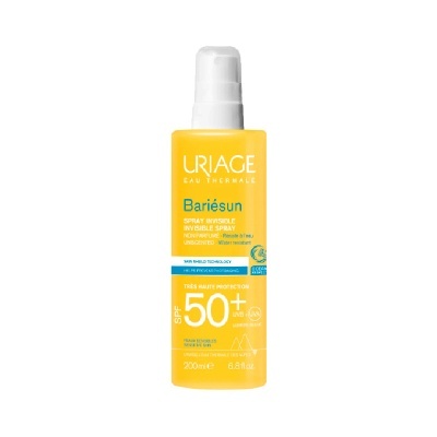 Frasco amarelo spray solar Uriage Bariésun SPF 50+ 200 ml