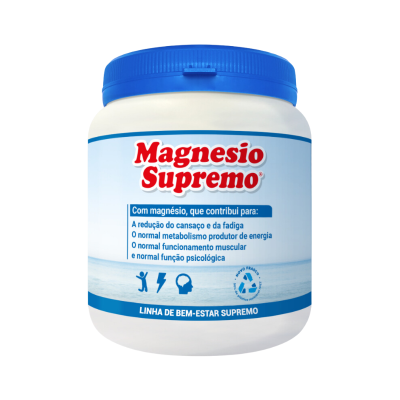Frasco branco com tampa azul do suplemento Magnesio Supremo
