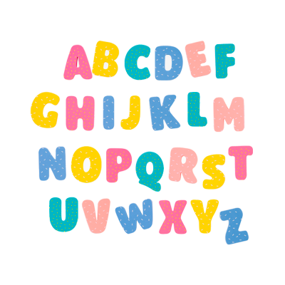 Letras coloridas do alfabeto em textura pontilhada sobre fundo branco